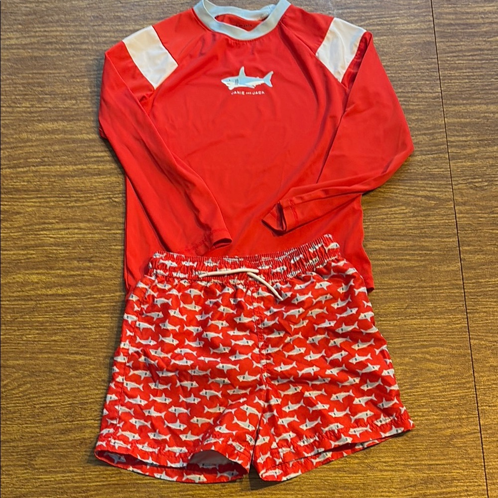 Janie and Jack Red and White Rashguard Swim Set